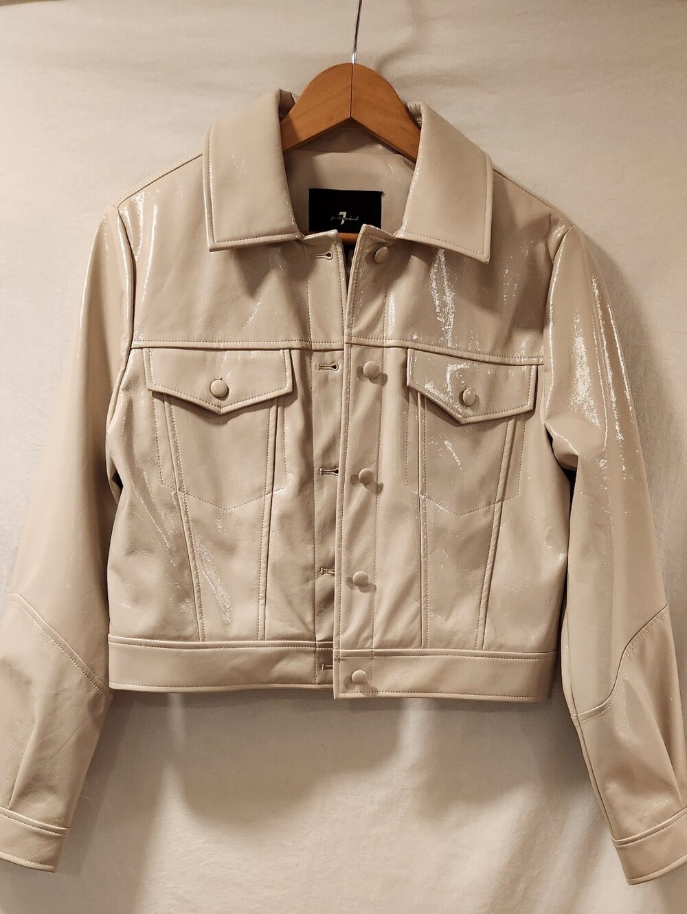 7 For All Mankind Cropped Vegan Leather Trucker Jacket Cream Size M